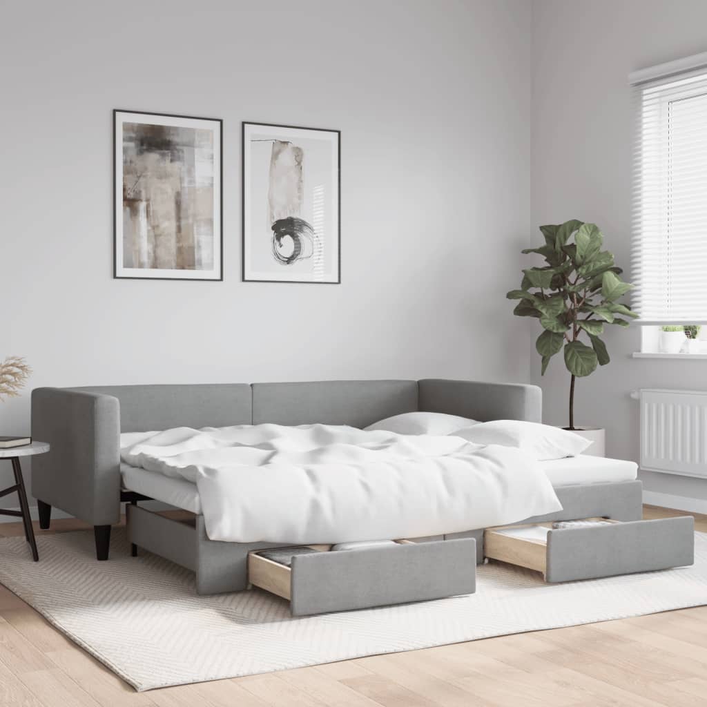 Slaapbank met onderschuifbed en lades 90x190 cm stof lichtgrijs is nu te koop bij PeponiXL, paradijselijk wonen!