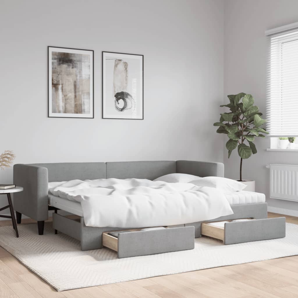 Slaapbank met onderschuifbed en lades 80x200 cm stof lichtgrijs is nu te koop bij PeponiXL, paradijselijk wonen!