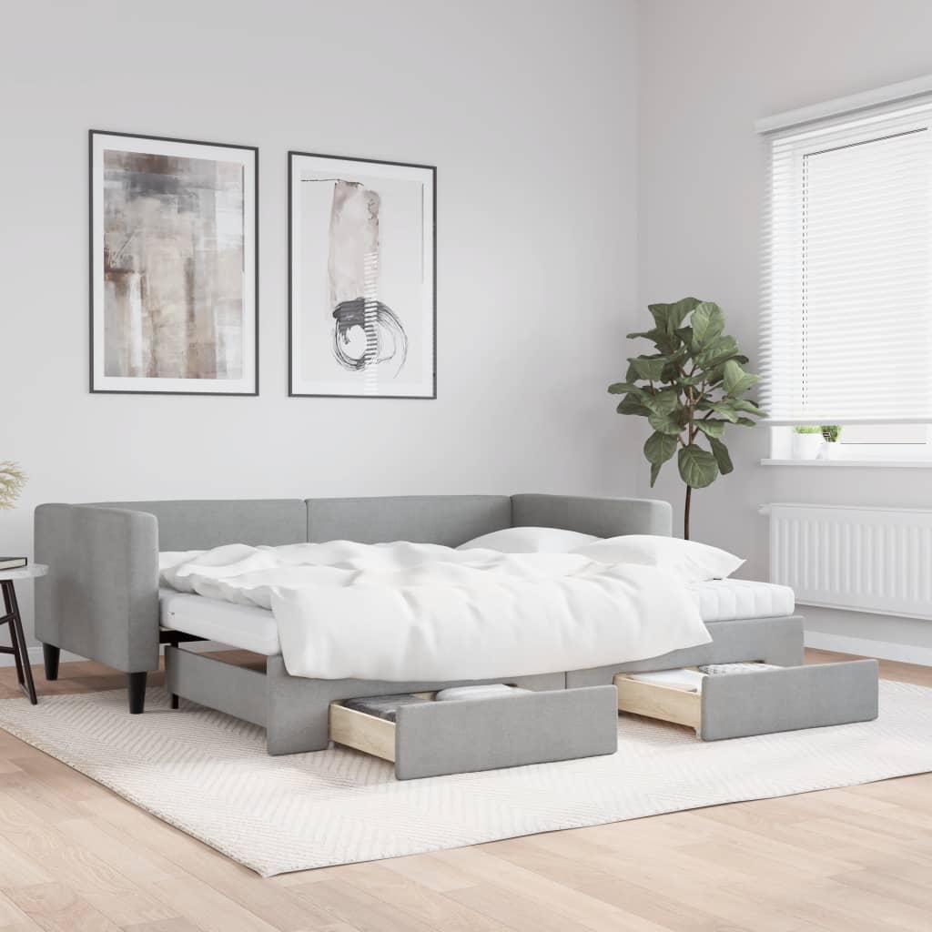 Slaapbank met onderschuifbed en lades 90x200 cm stof lichtgrijs is nu te koop bij PeponiXL, paradijselijk wonen!