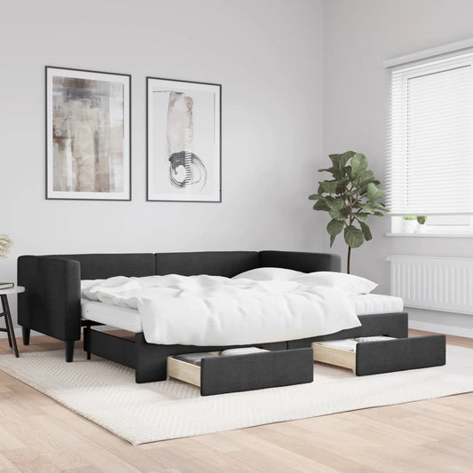 Slaapbank met onderschuifbed en lades 90x200 cm stof zwart is nu te koop bij PeponiXL, paradijselijk wonen!