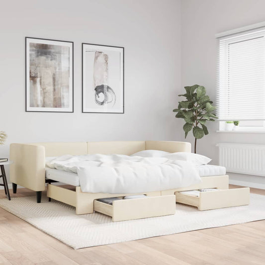 Slaapbank met onderschuifbed en lades 90x200 cm stof crèmekleur is nu te koop bij PeponiXL, paradijselijk wonen!