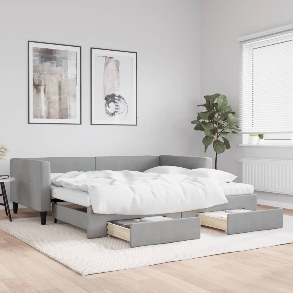 Slaapbank onderschuifbed en lades 100x200 cm stof lichtgrijs is nu te koop bij PeponiXL, paradijselijk wonen!