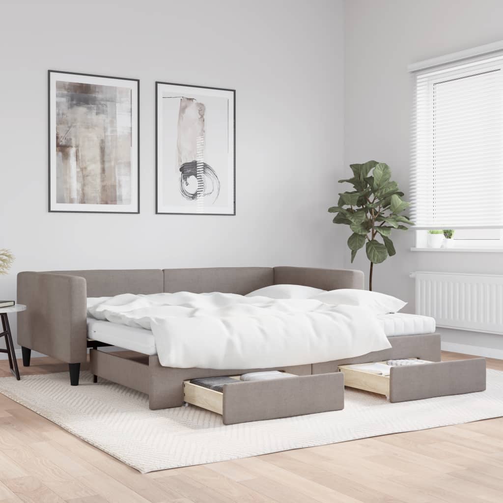 Slaapbank met onderschuifbed en lades 100x200 cm stof taupe is nu te koop bij PeponiXL, paradijselijk wonen!