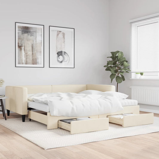 Slaapbank met onderschuifbed en lades 100x200 cm stof crème is nu te koop bij PeponiXL, paradijselijk wonen!