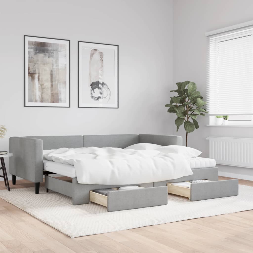 Slaapbank met onderschuifbed en lades 90x190 cm stof lichtgrijs is nu te koop bij PeponiXL, paradijselijk wonen!