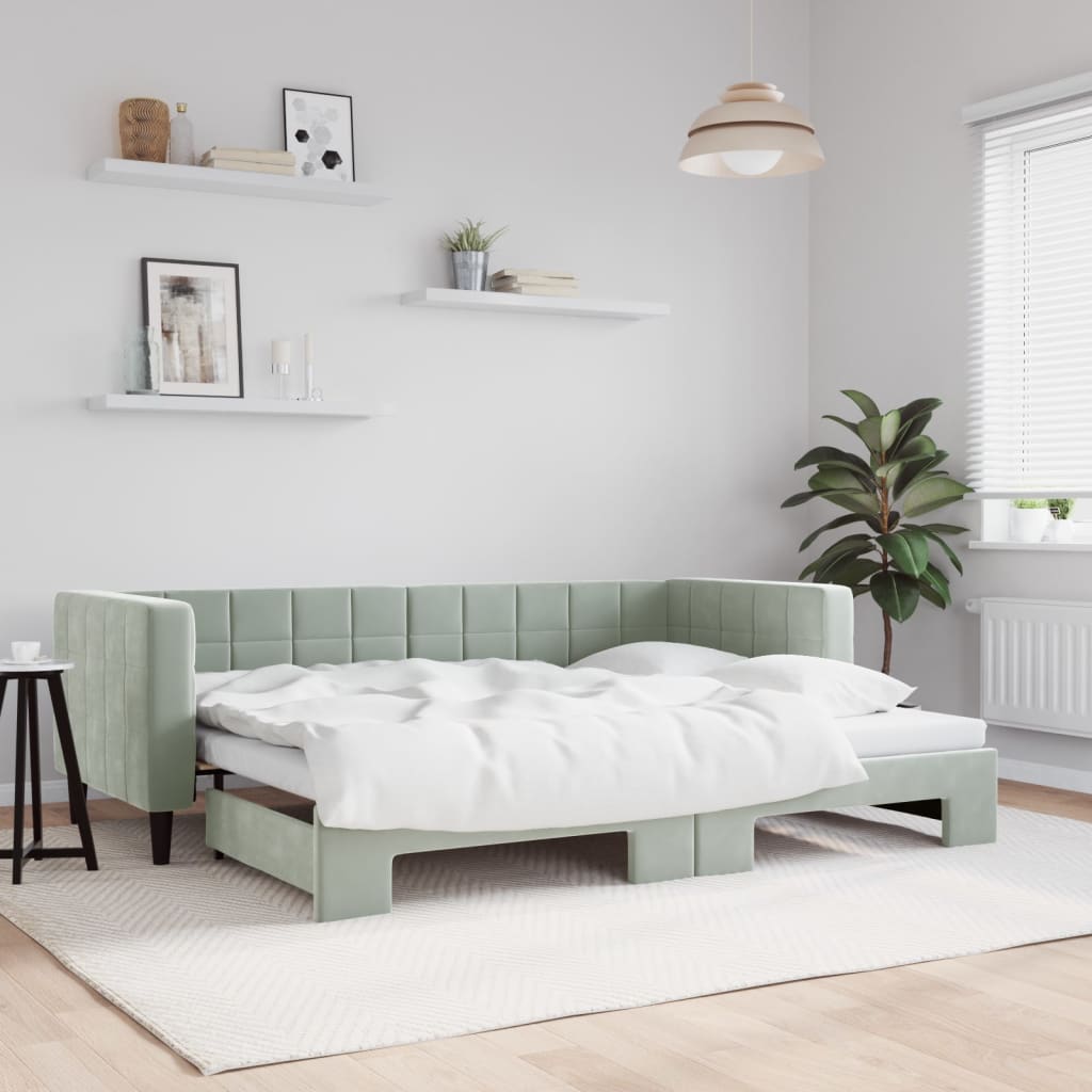 Slaapbank met onderschuifbed 80x200 cm fluweel lichtgrijs is nu te koop bij PeponiXL, paradijselijk wonen!