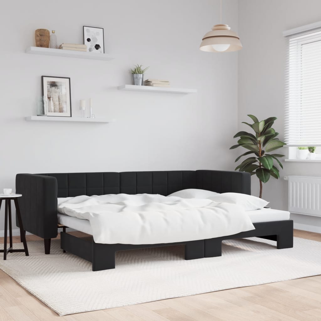 Slaapbank met onderschuifbed 80x200 cm fluweel zwart is nu te koop bij PeponiXL, paradijselijk wonen!