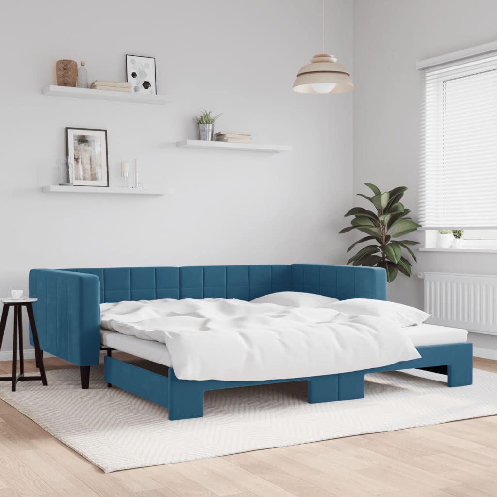 Slaapbank met onderschuifbed 100x200 cm fluweel blauw is nu te koop bij PeponiXL, paradijselijk wonen!