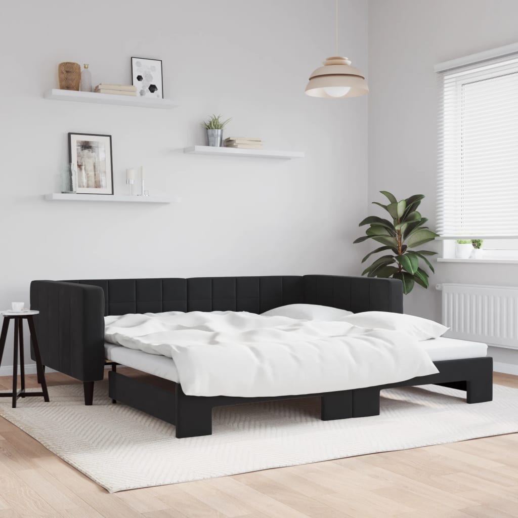 Slaapbank met onderschuifbed 100x200 cm fluweel zwart is nu te koop bij PeponiXL, paradijselijk wonen!