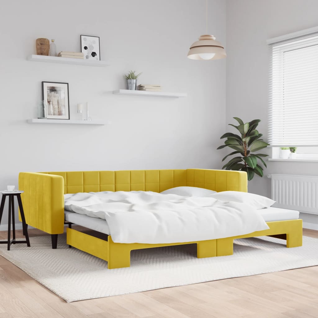 Slaapbank met onderschuifbed 100x200 cm fluweel geel is nu te koop bij PeponiXL, paradijselijk wonen!