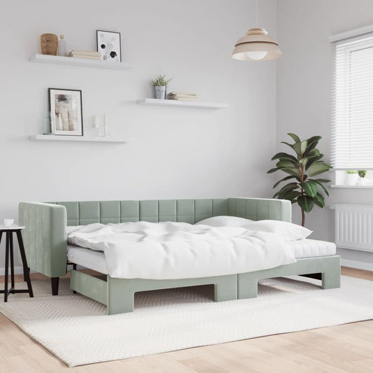 Slaapbank onderschuifbed matrassen 80x200 cm fluweel lichtgrijs is nu te koop bij PeponiXL, paradijselijk wonen!