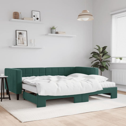 Slaapbank onderschuifbed matrassen 90x200cm fluweel donkergroen is nu te koop bij PeponiXL, paradijselijk wonen!