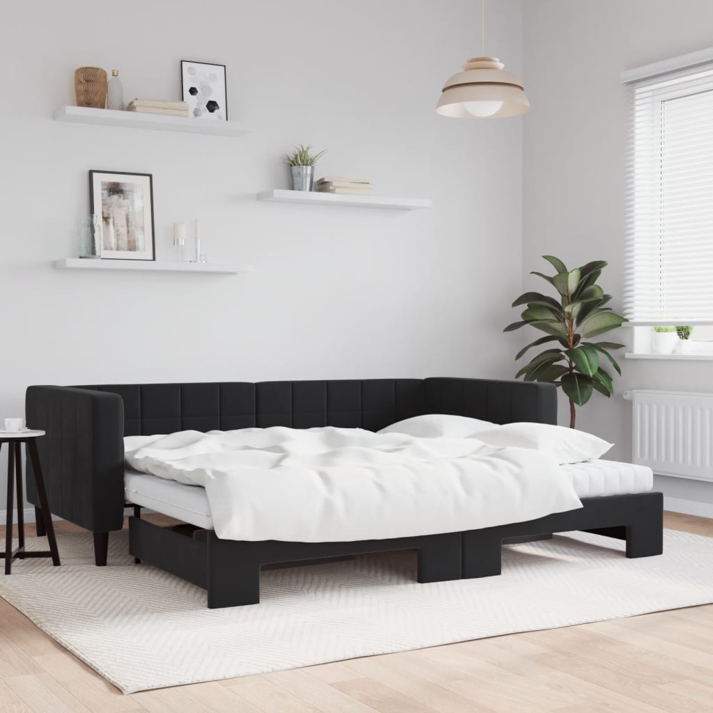 Slaapbank onderschuifbed en matrassen 90x200 cm fluweel zwart is nu te koop bij PeponiXL, paradijselijk wonen!