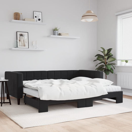 Slaapbank onderschuifbed en matrassen 90x200 cm fluweel zwart is nu te koop bij PeponiXL, paradijselijk wonen!