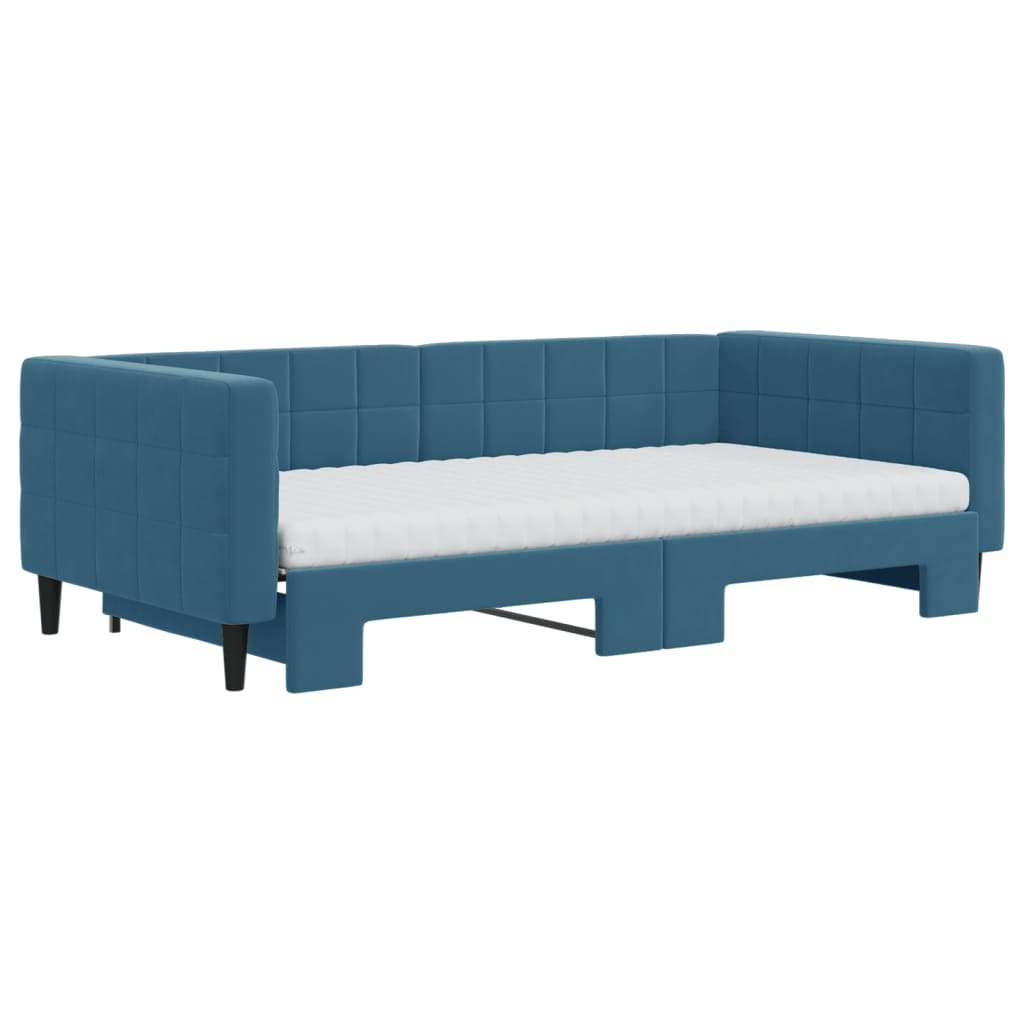 Slaapbank onderschuifbed en matrassen 100x200 cm fluweel blauw is nu te koop bij PeponiXL, paradijselijk wonen!