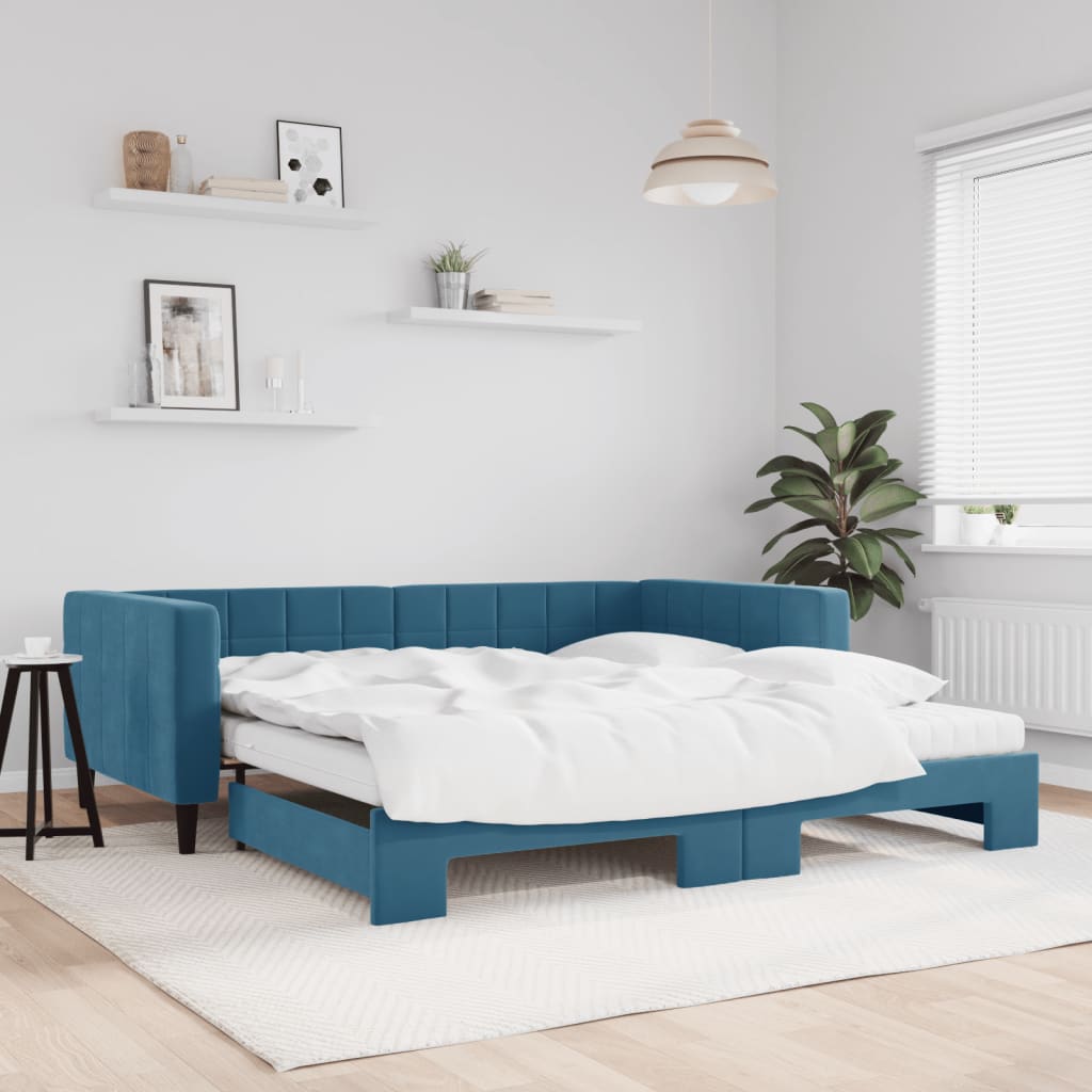 Slaapbank onderschuifbed en matrassen 100x200 cm fluweel blauw is nu te koop bij PeponiXL, paradijselijk wonen!