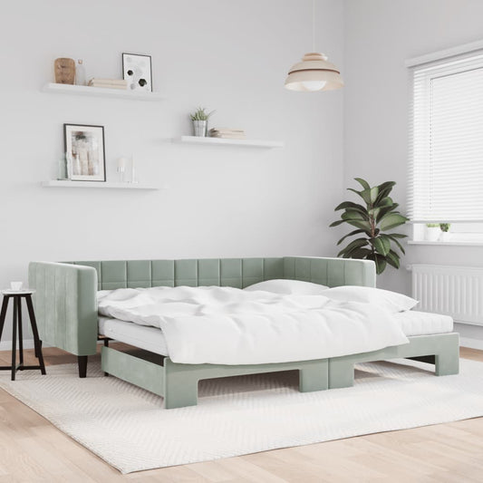 Slaapbank onderschuifbed matrassen 100x200cm fluweel lichtgrijs is nu te koop bij PeponiXL, paradijselijk wonen!