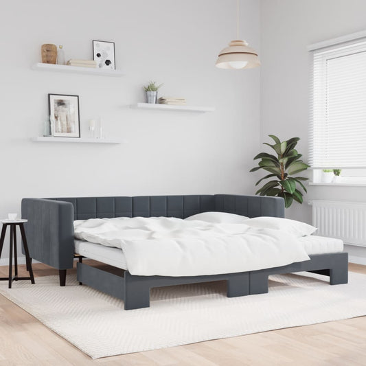 Slaapbank onderschuifbed matrassen 100x200cm fluweeldonkergrijs is nu te koop bij PeponiXL, paradijselijk wonen!