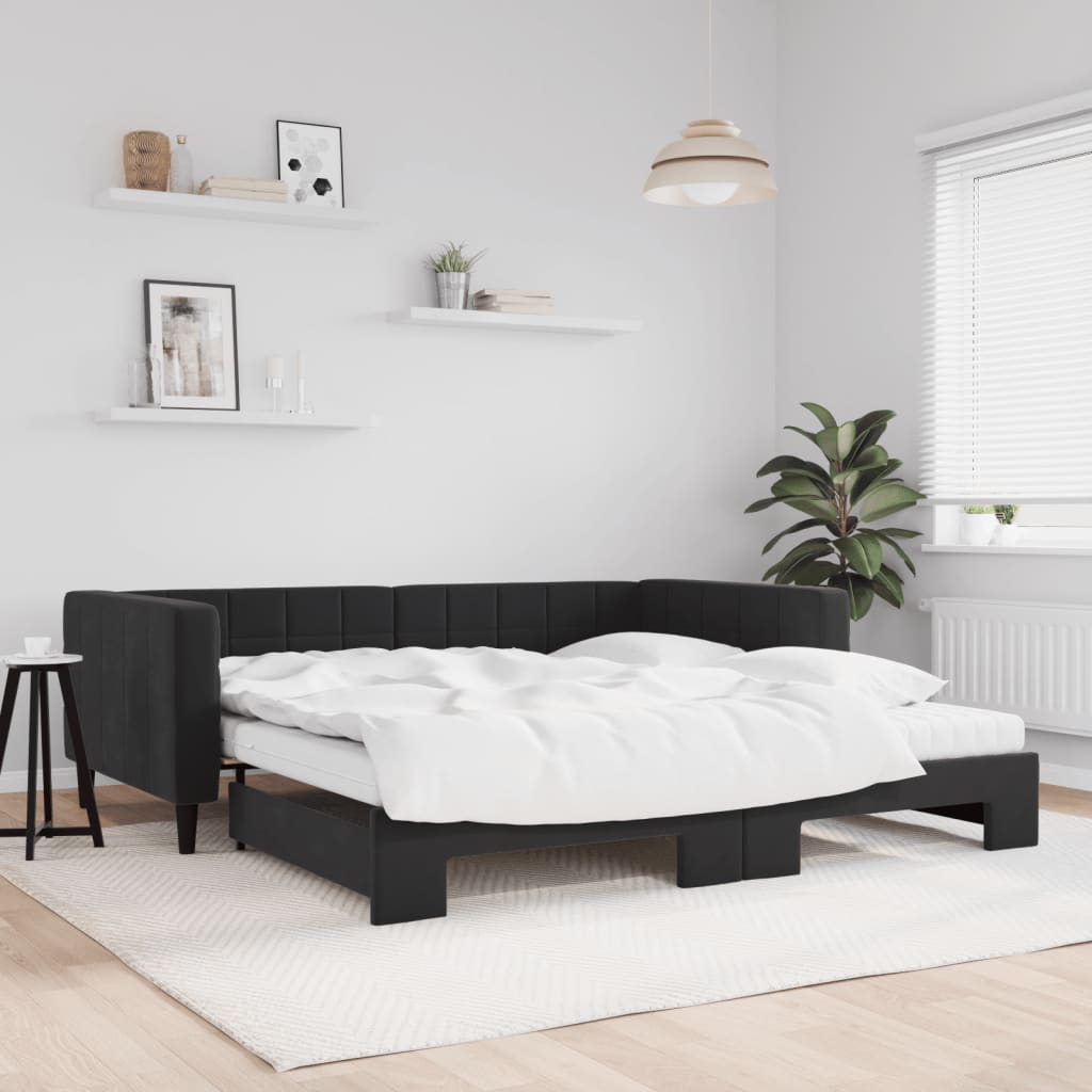 Slaapbank onderschuifbed en matrassen 100x200 cm fluweel zwart is nu te koop bij PeponiXL, paradijselijk wonen!