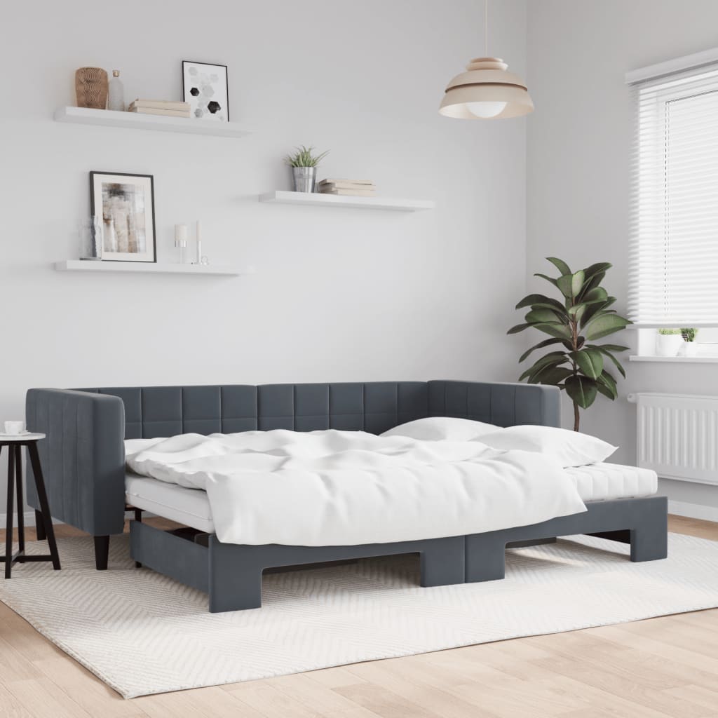 Slaapbank onderschuifbed matrassen 90x190cm fluweel donkergrijs is nu te koop bij PeponiXL, paradijselijk wonen!