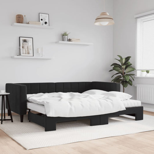 Slaapbank onderschuifbed en matrassen 90x190 cm fluweel zwart is nu te koop bij PeponiXL, paradijselijk wonen!