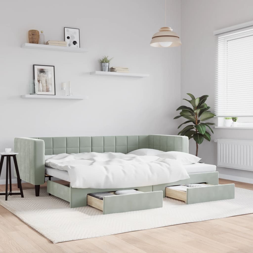 Slaapbank onderschuifbed en lades 80x200 cm fluweel lichtgrijs is nu te koop bij PeponiXL, paradijselijk wonen!