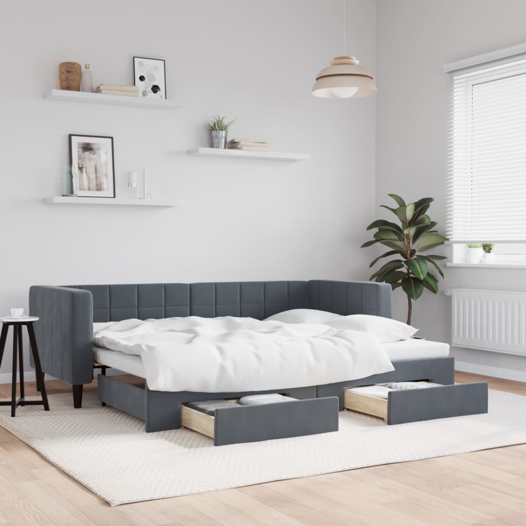 Slaapbank onderschuifbed en lades 80x200 cm fluweel donkergrijs is nu te koop bij PeponiXL, paradijselijk wonen!