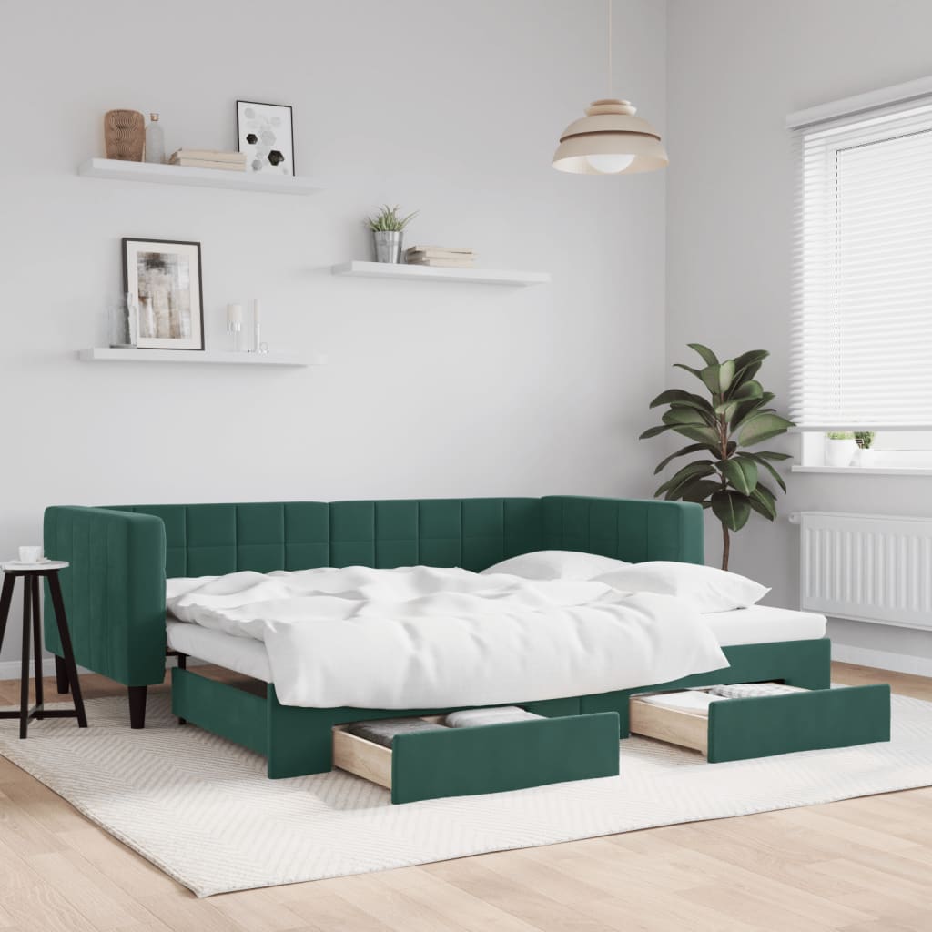 Slaapbank onderschuifbed en lades 80x200 cm fluweel donkergroen is nu te koop bij PeponiXL, paradijselijk wonen!