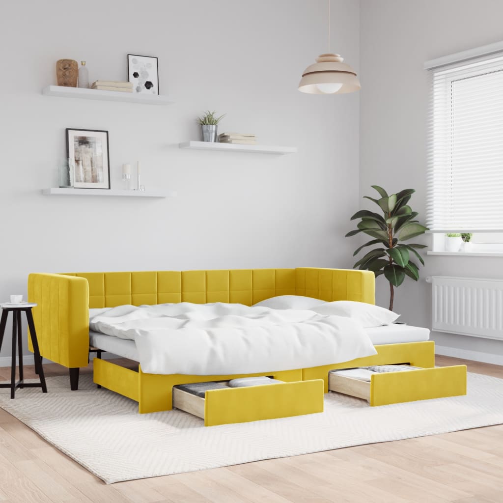 Slaapbank met onderschuifbed en lades 80x200 cm fluweel geel is nu te koop bij PeponiXL, paradijselijk wonen!