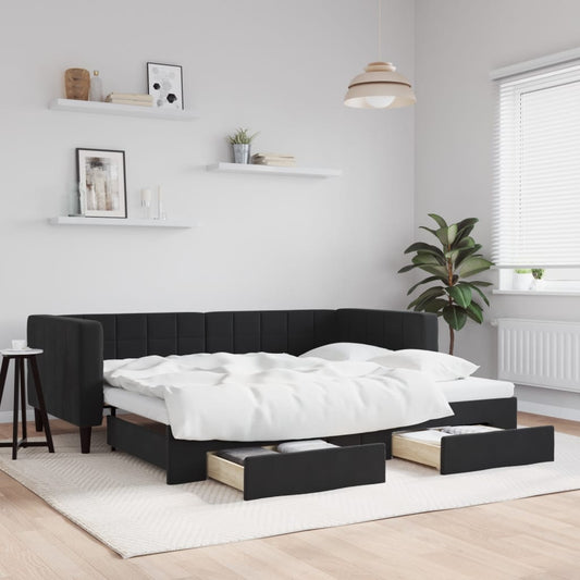 Slaapbank met onderschuifbed en lades 90x200 cm fluweel zwart is nu te koop bij PeponiXL, paradijselijk wonen!