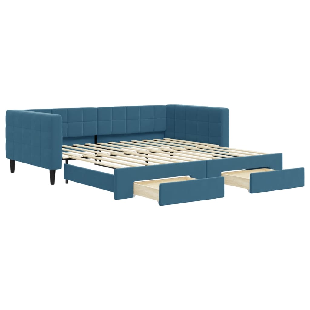 Slaapbank met onderschuifbed en lades 100x200 cm fluweel blauw is nu te koop bij PeponiXL, paradijselijk wonen!
