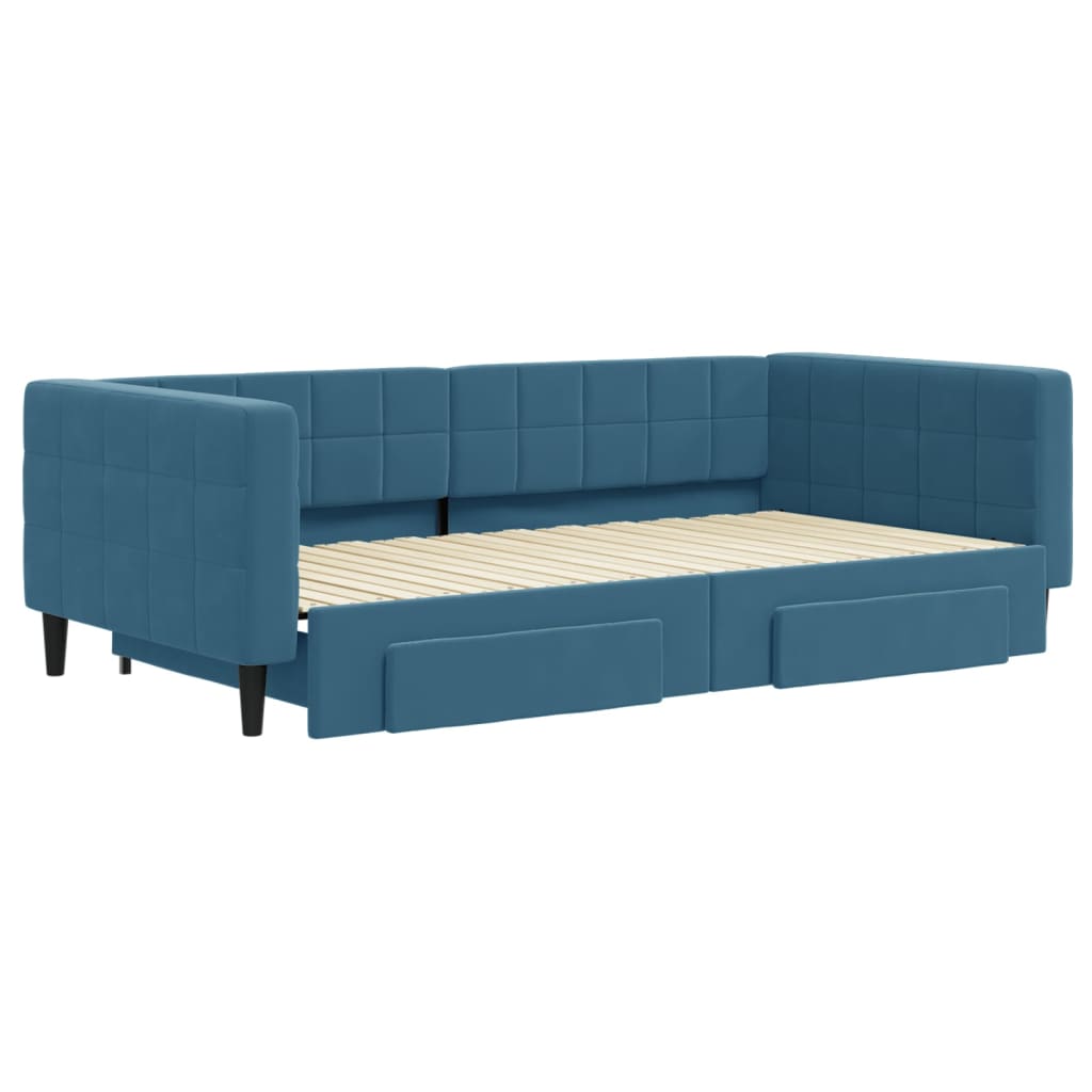 Slaapbank met onderschuifbed en lades 100x200 cm fluweel blauw is nu te koop bij PeponiXL, paradijselijk wonen!