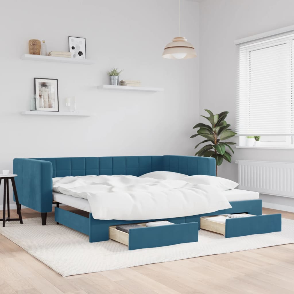 Slaapbank met onderschuifbed en lades 100x200 cm fluweel blauw is nu te koop bij PeponiXL, paradijselijk wonen!
