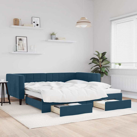 Slaapbank met onderschuifbed en lades 100x200 cm fluweel blauw is nu te koop bij PeponiXL, paradijselijk wonen!