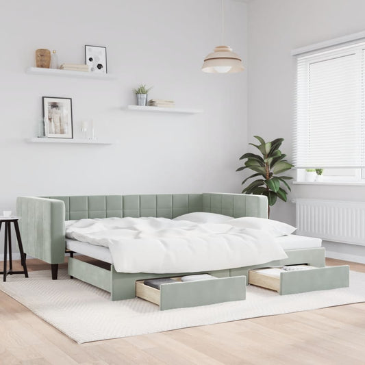 Slaapbank onderschuifbed en lades 100x200 cm fluweel lichtgrijs is nu te koop bij PeponiXL, paradijselijk wonen!