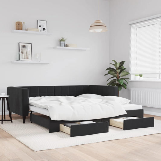 Slaapbank met onderschuifbed en lades 100x200 cm fluweel zwart is nu te koop bij PeponiXL, paradijselijk wonen!