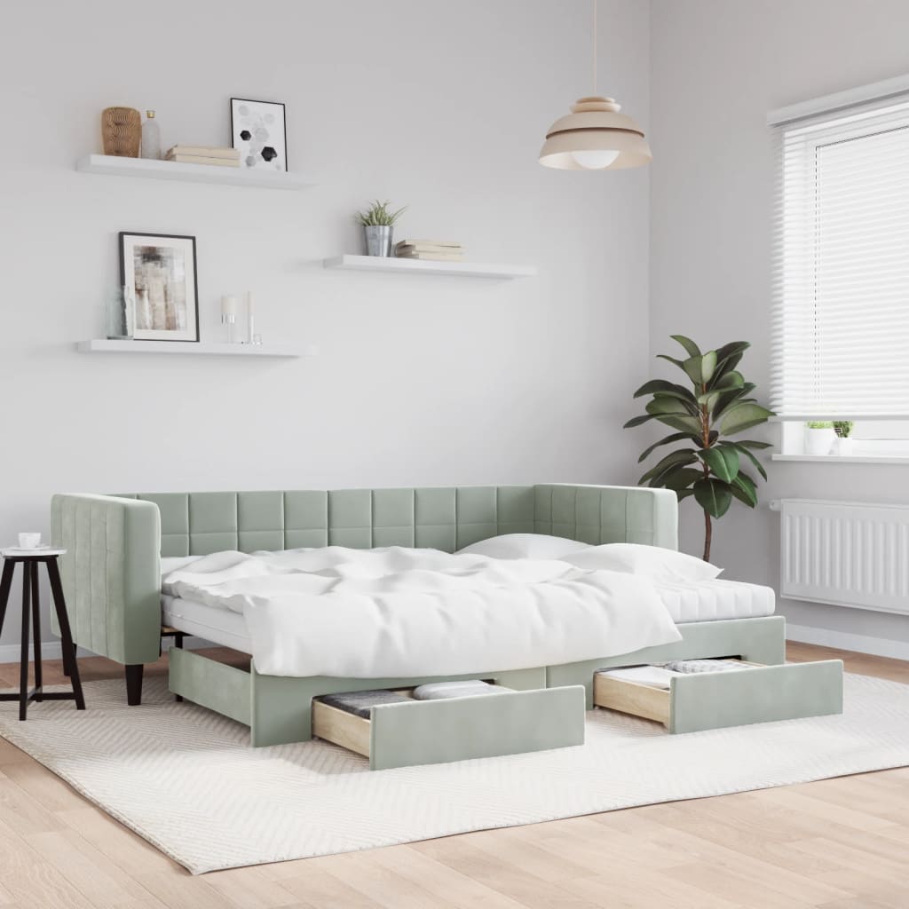 Slaapbank onderschuifbed en lades 80x200 cm fluweel lichtgrijs is nu te koop bij PeponiXL, paradijselijk wonen!