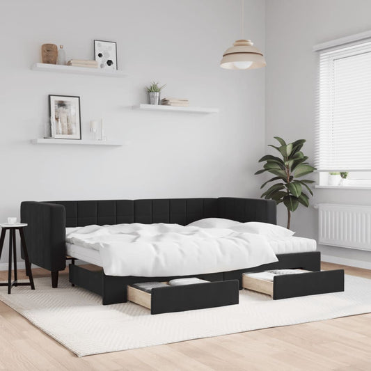 Slaapbank met onderschuifbed en lades 80x200 cm fluweel zwart is nu te koop bij PeponiXL, paradijselijk wonen!