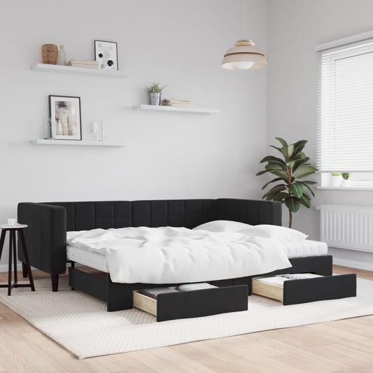 Slaapbank met onderschuifbed en lades 90x200 cm fluweel zwart is nu te koop bij PeponiXL, paradijselijk wonen!