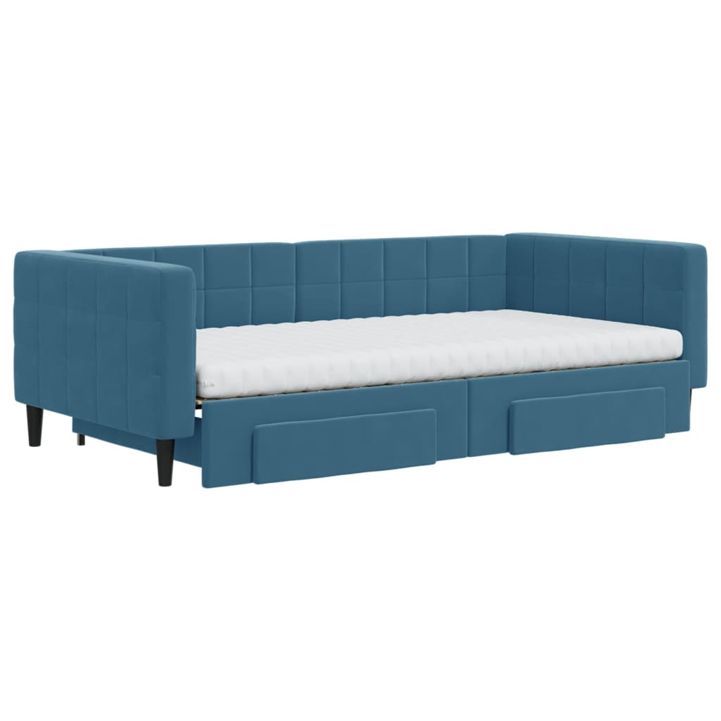 Slaapbank met onderschuifbed en lades 100x200 cm fluweel blauw is nu te koop bij PeponiXL, paradijselijk wonen!