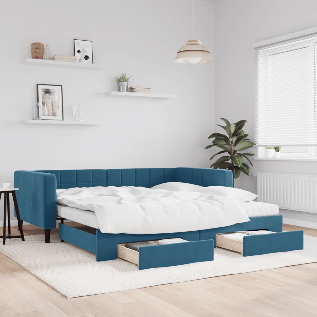 Slaapbank met onderschuifbed en lades 100x200 cm fluweel blauw is nu te koop bij PeponiXL, paradijselijk wonen!