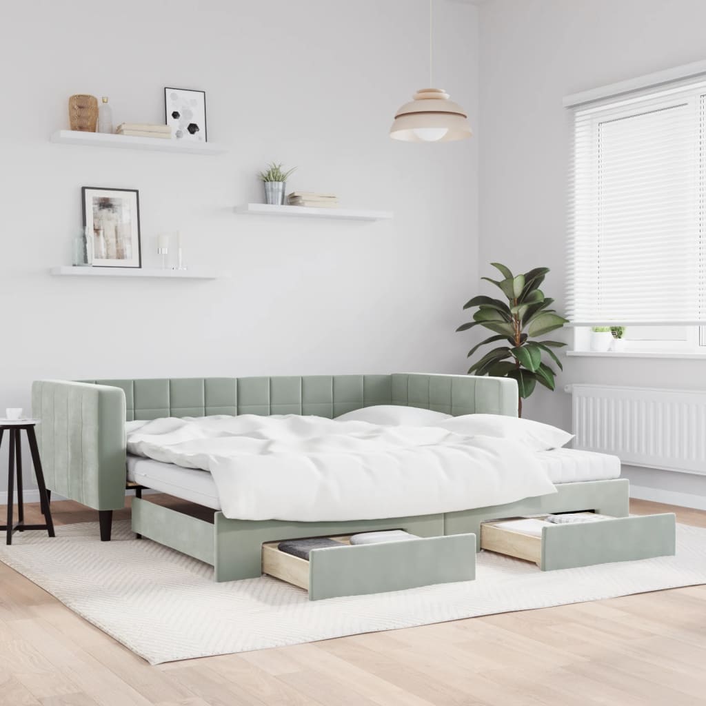Slaapbank onderschuifbed en lades 100x200 cm fluweel lichtgrijs is nu te koop bij PeponiXL, paradijselijk wonen!