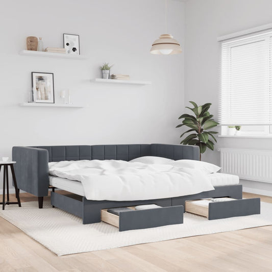 Slaapbank onderschuifbed lades 100x200 cm fluweel donkergrijs is nu te koop bij PeponiXL, paradijselijk wonen!
