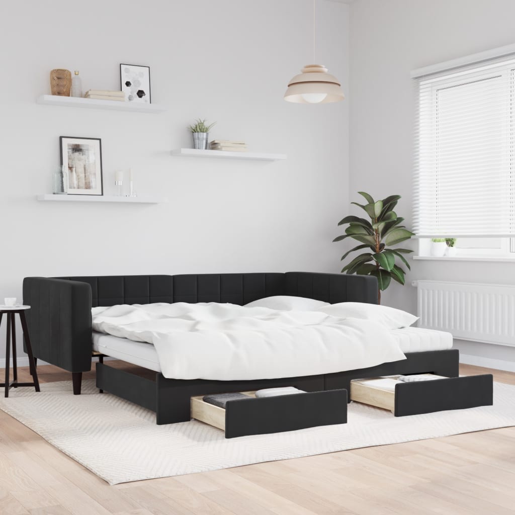 Slaapbank met onderschuifbed en lades 100x200 cm fluweel zwart is nu te koop bij PeponiXL, paradijselijk wonen!