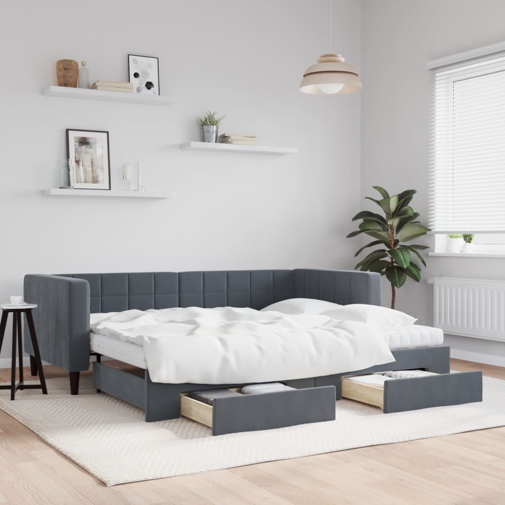 Slaapbank onderschuifbed en lades 90x190 cm fluweel donkergrijs is nu te koop bij PeponiXL, paradijselijk wonen!