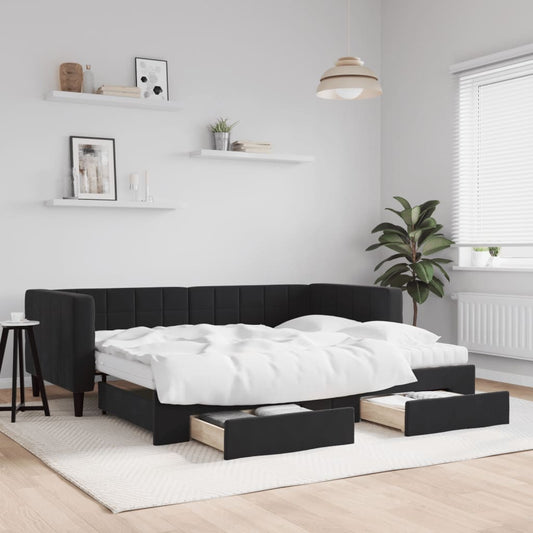 Slaapbank met onderschuifbed en lades 90x190 cm fluweel zwart is nu te koop bij PeponiXL, paradijselijk wonen!