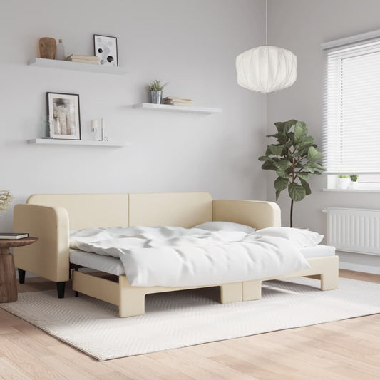 Slaapbank met onderschuifbed 90x200 cm stof crèmekleurig is nu te koop bij PeponiXL, paradijselijk wonen!
