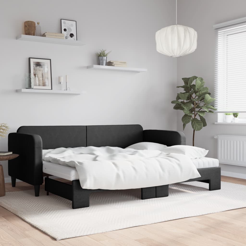 Slaapbank met onderschuifbed en matrassen 80x200 cm stof zwart is nu te koop bij PeponiXL, paradijselijk wonen!