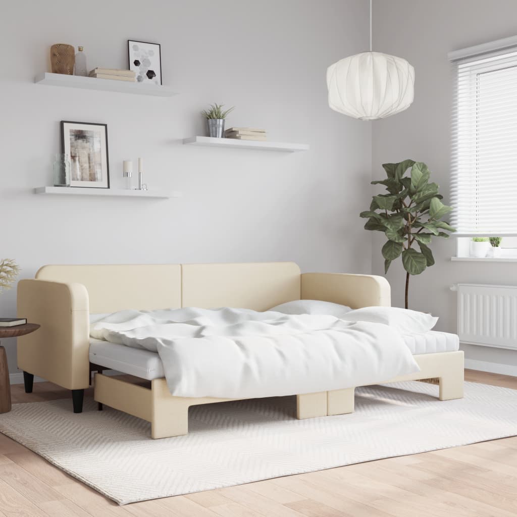 Slaapbank met onderschuifbed en matrassen 80x200 cm stof crème is nu te koop bij PeponiXL, paradijselijk wonen!