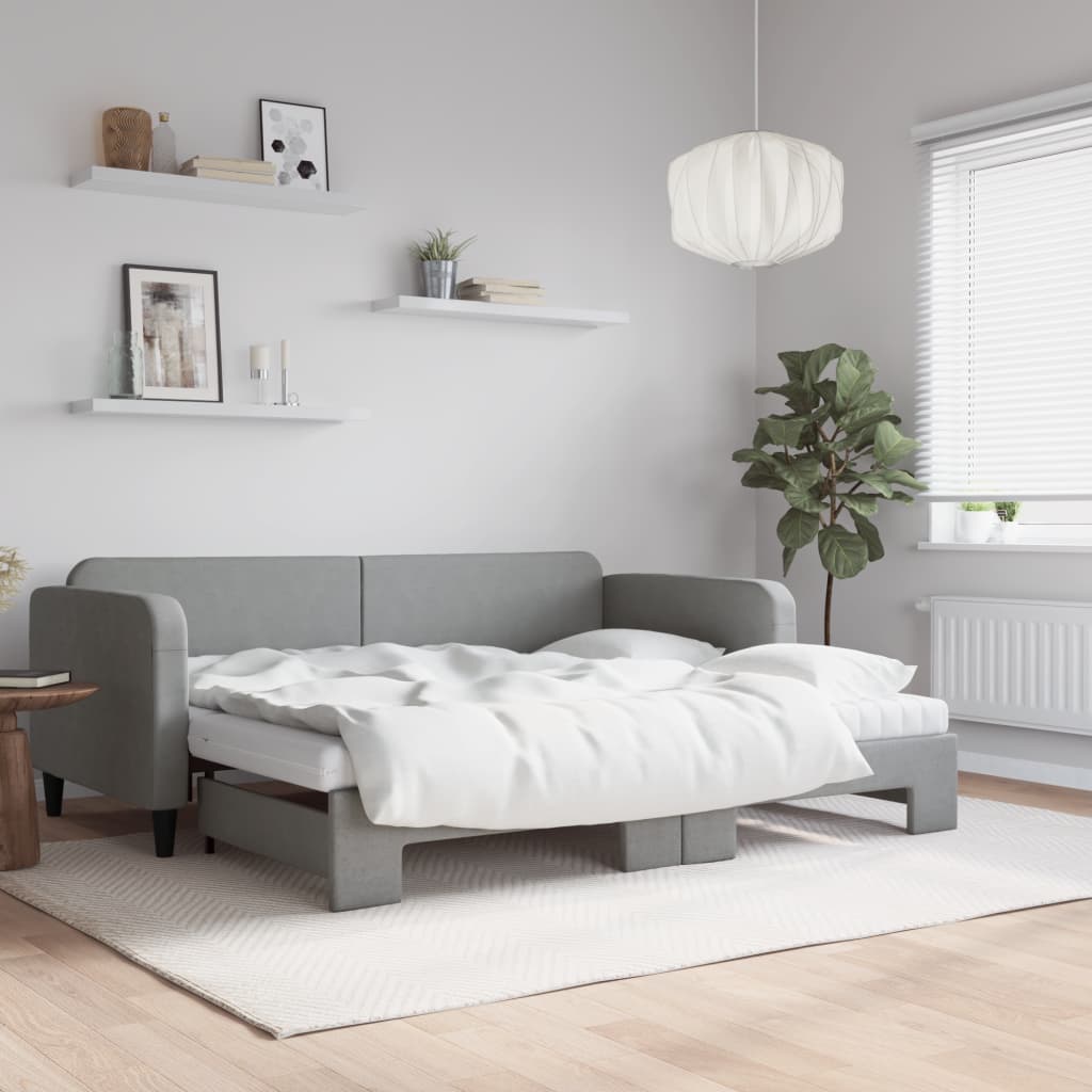Slaapbank onderschuifbed en matrassen 90x200 cm stof lichtgrijs is nu te koop bij PeponiXL, paradijselijk wonen!